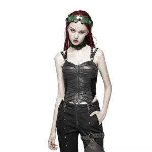 Black faux leather gothic corset top with front zipper and adjustable crisscross back lacing, worn by model with red braids, front view