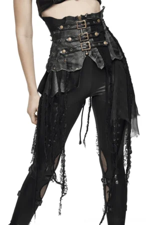 Black gothic corset half skirt with multi-buckle waist and tattered lace tassel trim, front view on model
