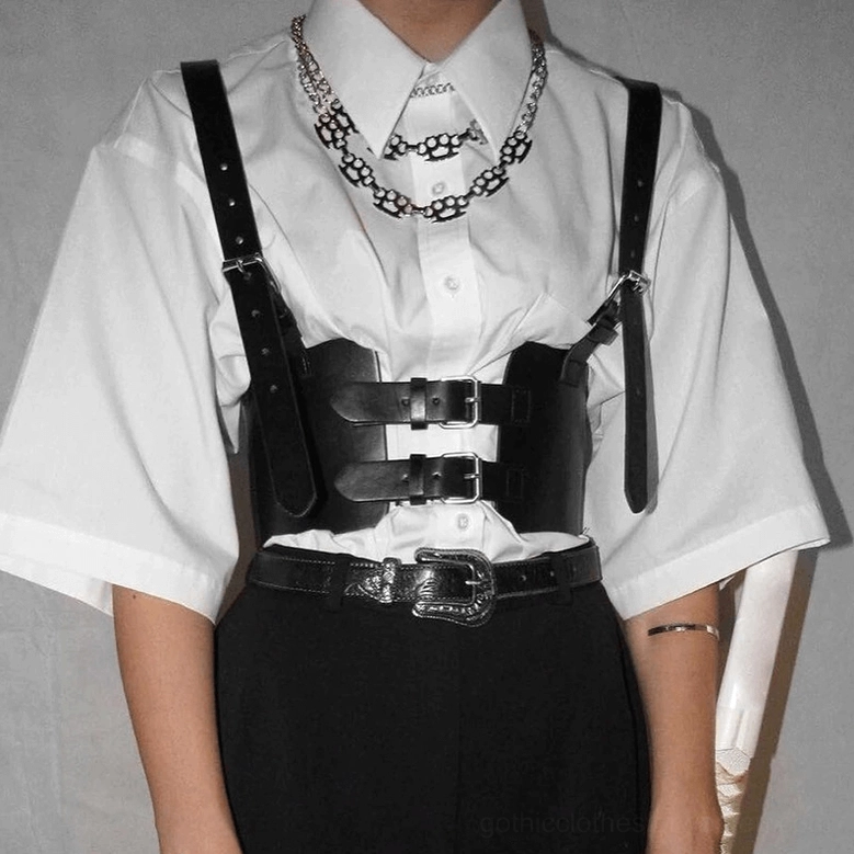 Full view black gothic corset harness belt - punk alternative fashion piece