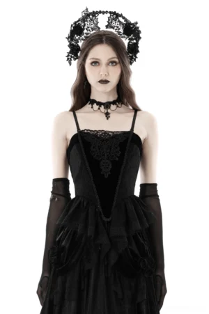 Black velvet lace gothic corset top with floral embroidery front full body view
