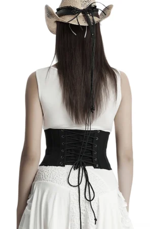 Back view of black gothic corset featuring lace-up crisscross closure with metal grommets