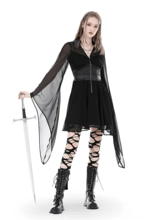 Black gothic mini dress with corset lace-up front and sheer chiffon long sleeves, full front view on fashion model