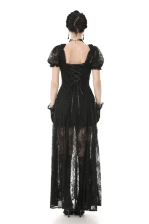 Black gothic corset maxi dress with lace-up back and sheer floor-length skirt detail