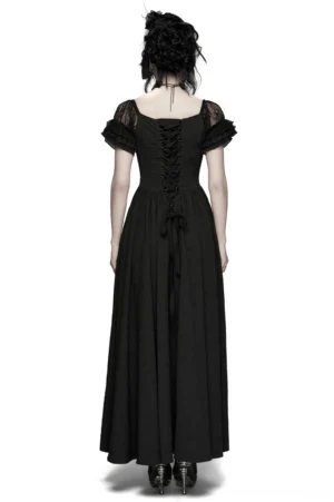 Black gothic corset maxi dress back view - lace-up closure and cascading ruffle lace sleeves