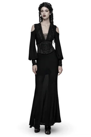 Black gothic cold shoulder lace corset maxi dress with lantern sleeves - front view on model