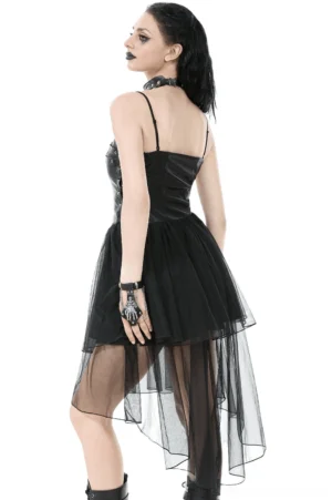 Black gothic corset dress back view showing low back design and sheer layered mesh hem on model