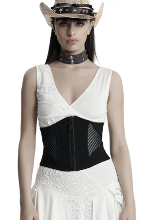 Black gothic underbust corset with mesh side panels and industrial front zipper, worn by model in front view