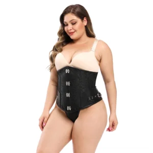 Black gothic underbust corset with metal clasps and faux leather accents - front view on plus-size model