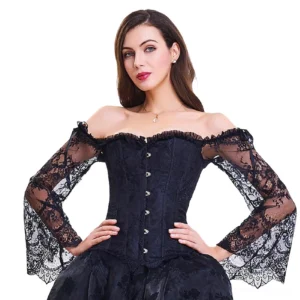 Black satin gothic off-shoulder corset bustier with lace flare sleeves, front full view on model