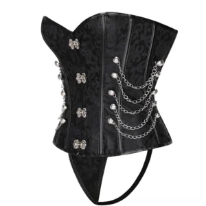 Black gothic faux leather corset with silver chain hip strap and lace-up back detail, side-front angle