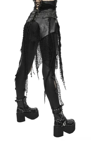 Black gothic corset half skirt lace-up back closure with mesh tassel trim, back view worn with platform boots