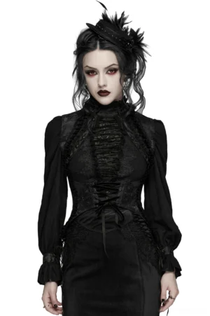 Black Gothic Corset Vest with Embroidered Brocade - Front Full-Body Model View