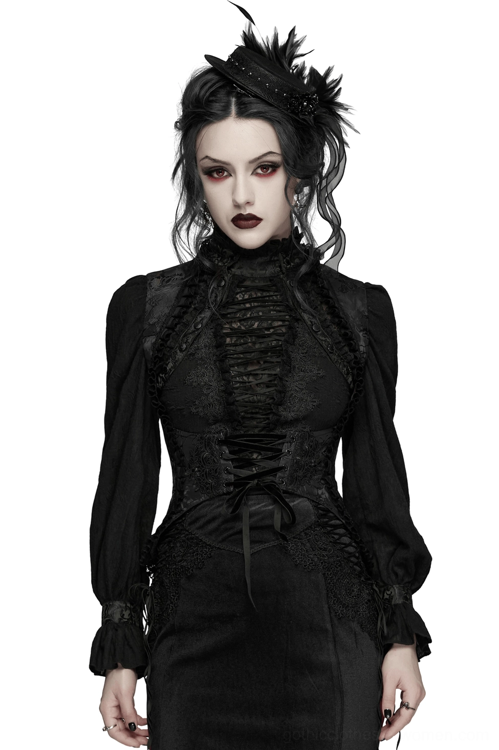 Black Gothic Corset Vest with Embroidered Brocade - Front Full-Body Model View