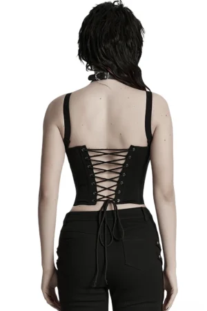 Black gothic corset waistcoat rear view showing crisscross lace-up back on female model in studio