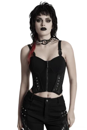 Black gothic corset waistcoat with studded rubber panels, front three-quarter view on female model wearing neck choker