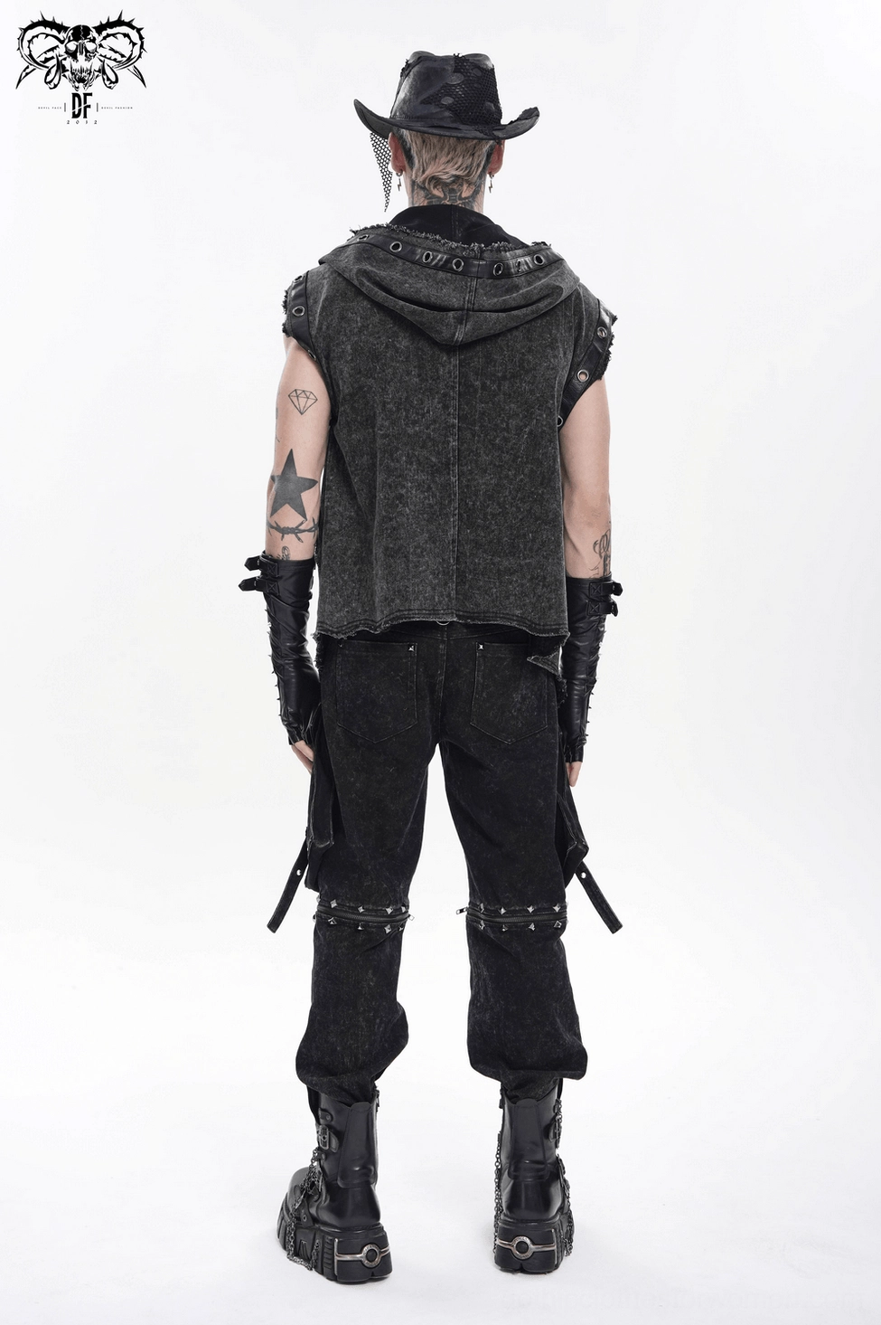 Black distressed mesh patch gothic cowboy hat main product view showcasing overall design