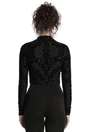 Gothic mesh crop jacket back view, displaying long flocked sleeves and slim-fitting silhouette