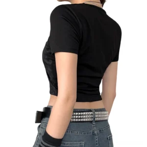 Gothic wings crop top back view - solid black cropped silhouette showing short sleeves and fitted design on female model