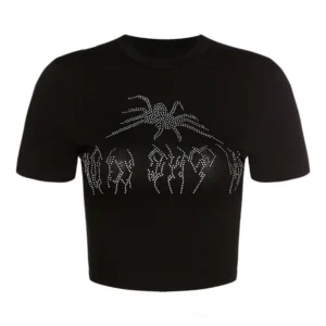 Black cropped gothic t-shirt on mannequin - straight front view displaying full rhinestone spider embellishment on bodycon silhouette