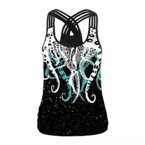Black gothic cross-back tank top with celestial octopus print, front view sleeveless vest