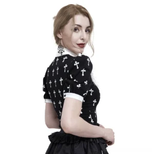 Black gothic cross print blouse rear three-quarter view showing all-over white cross pattern design