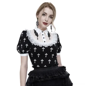 Black gothic cross print short sleeve blouse with white ruffled collar, front portrait view on female model