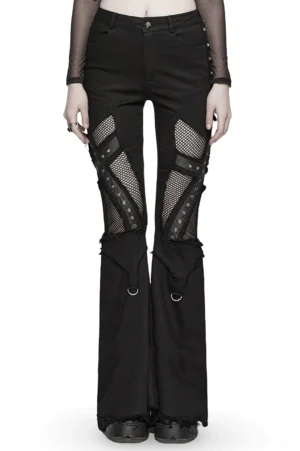 Black destroyed gothic cross flare jeans front view with fishnet mesh cutouts and metal eyelets on model