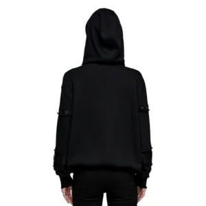 Back view of black gothic hoodie with distressed mesh panels and ribbed trims on model wearing black trousers