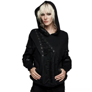 Black gothic cross hoodie with coffin buckles worn by female model in front three-quarter view against white backdrop