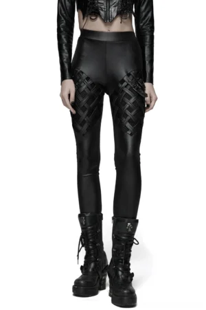 Black gothic woven cross leggings with silver buckle accents, full-body front view on model with white background