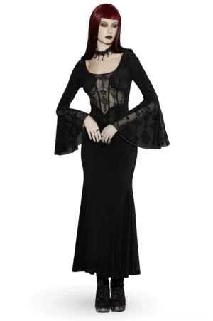 Black gothic cross mesh fishtail maxi dress with bell sleeves - front full body view showing sheer cross embroidery bodice and dramatic flared hem