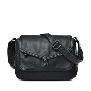 Black gothic flap crossbody handbag with twist-lock closure, soft leather shoulder bag front view