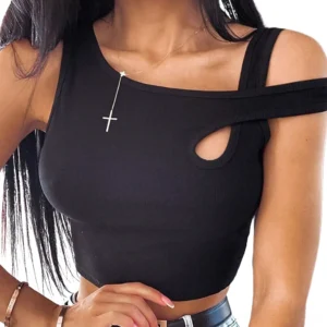 Black asymmetrical cut-out gothic tank top front view on model showcasing minimalist design