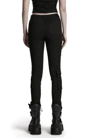 Black gothic cyberpunk tactical trousers rear view on model, showing back patch pockets and side cargo pockets