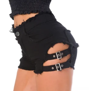 Black high-waist denim shorts with dual metal buckle cutout straps, side view showing frayed raw hem and structured waist