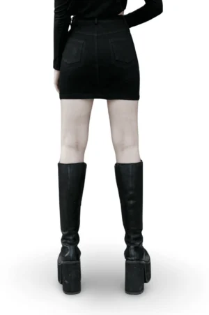 Black asymmetrical denim mini skirt back view - gothic mini skirt with silver buckle strap