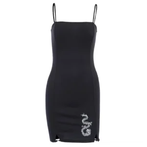 Black gothic mini dress flat lay showing dragon embroidery and bodycon silhouette