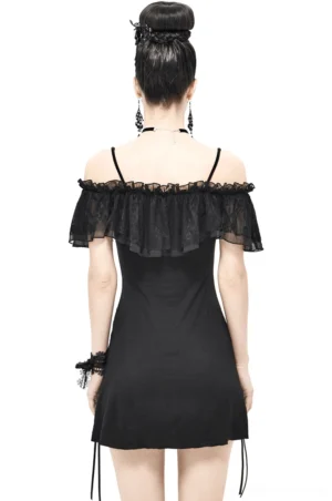 Black off-shoulder gothic mini dress with drawstring ties on fashion model, back view showing exposed back