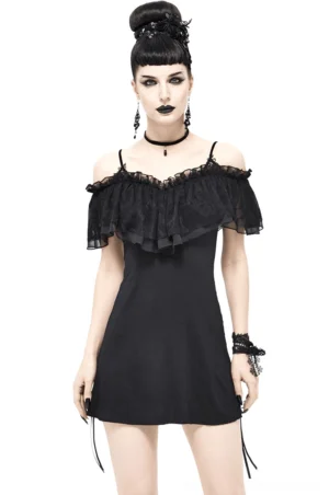Black off-shoulder gothic mini dress with adjustable side ropes on fashion model, front view