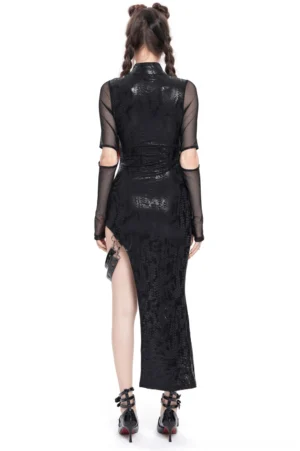 Black gothic asymmetrical dress back view showcasing snake-textured fabric and sheer mesh arm covers on model
