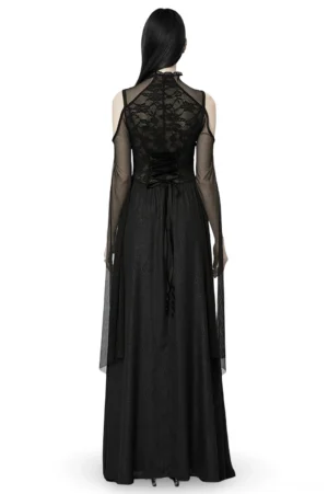 Gothic black lace dress back view showing corset lace-up waist detail and sheer lace back panel