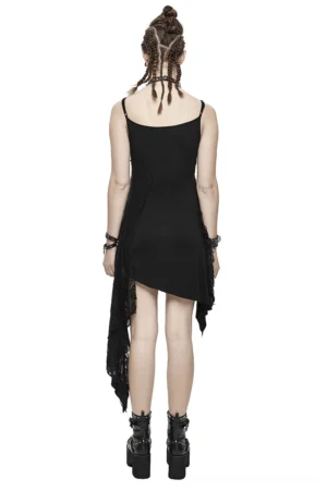 Gothic asymmetric slip dress back view with tassel hem trim and fitted silhouette on braided hair model