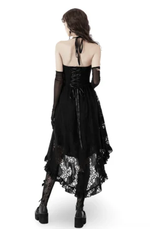 Lace-up back closure detail of black gothic dress showing halter neck strap and lace-up design