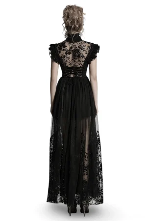 Black gothic mesh dress back view on model - lace-up corset back with sheer flowing lace skirt