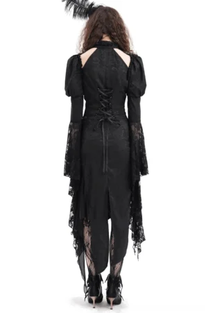 Black lace-up corset gothic dress back view displaying asymmetrical high-low hem and intricate lace-up back design with bell sleeves