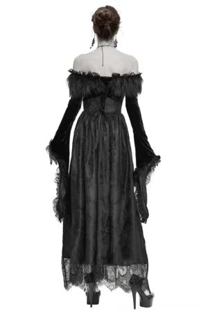 Back view of gothic black dress showcasing lace-up corset back and feathered off-shoulder trim detail