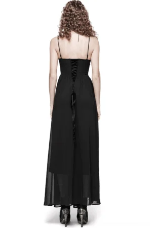 Black gothic maxi dress back view showcasing open lace-up ribbon detail and flowing chiffon skirt on model