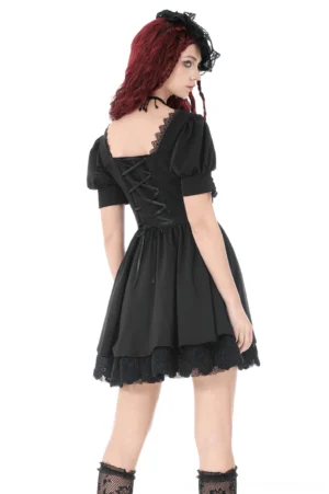 Black lace-up gothic dress back view showing square neckline and rear lace-up detail