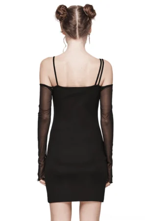 Black gothic mini dress back view with dual spaghetti straps and transparent mesh long sleeves