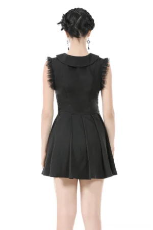 Black gothic sleeveless lolita dress with pleated flared skirt and lace cap sleeves - back view on model